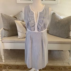 Nine West Size 8 Ladies Seersucker Dress -  Blue Gray Stripe Fully Lined